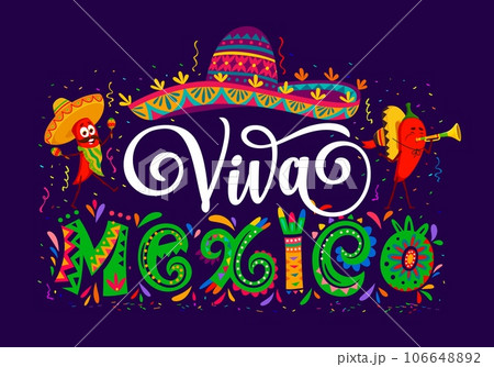 Viva Mexico banner with chili peppers, mexican Independence Day holiday party vector poster. Cartoon sombrero hat, confetti, mariachi musician red peppers characters playing maracas and trumpet Viva Mexico banner with chili peppers, mexican Independence Day holiday party vector poster. Cartoon sombrero hat, confetti, mariachi musician red peppers characters playing maracas and trumpet 106648892