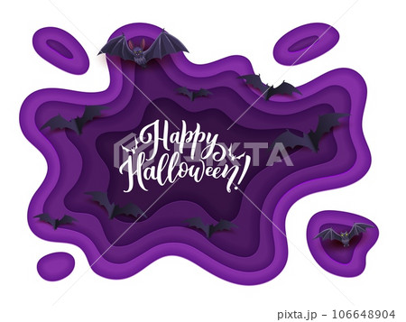 Halloween holiday paper cut poster with flying bats, horror night celebration vector background. Happy Halloween greeting card in paper cut layers with spooky vampire bats for trick or treat party Halloween holiday paper cut poster with flying bats, horror night celebration vector background. Happy Halloween greeting card in paper cut layers with spooky vampire bats for trick or treat party 106648904