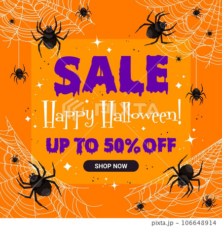 Halloween sale banner with cobweb and spiders for holiday discount promotion, vector background. Halloween 50 percent discount promo sale for shop or store with spooky spiders on spiderweb Halloween sale banner with cobweb and spiders for holiday discount promotion, vector background. Halloween 50 percent discount promo sale for shop or store with spooky spiders on spiderweb 106648914