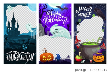 Halloween holiday social media templates with monsters, pumpkins and ghosts, cartoon vector. Halloween frames with spooky zombie hand from grave, witch potion cauldron and spiders on cemetery 106648915