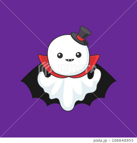 Cartoon kawaii Halloween ghost character dons cute vampire costume with black cape, red collar, top hat and fangs, participate in trick or treat party, blending playful spooky and adorable ensemble 106648955