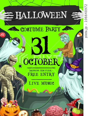 Halloween costume party flyer for the spooktacular night celebration, filled with eerie delights, ghoulish games and thrilling fun. Vector invitation banner with spook pirate and wizard, mummy, zombie 106648972