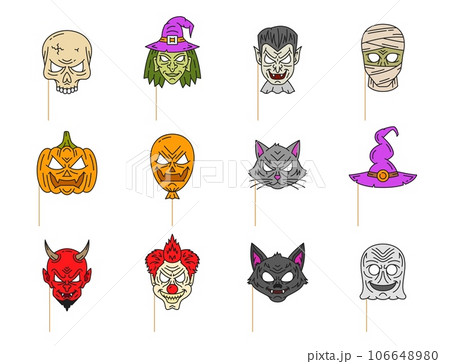 Line art halloween photo booth mask props. Isolated vector linear skull, witch, vampire and mummy. Pumpkin face, jack lantern balloon, black cat and wizard hat. Devil, sinister clown, werewolf, ghost 106648980
