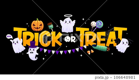 Trick or treat banner with cute kawaii ghost characters and sweets. Vector Halloween holiday funny pumpkin, skull and zombie lollipops, corn candy and witch finger cookie, cobweb and flags garland 106648981