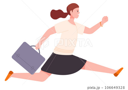 Girl running with briefcase. Work race. Rushing person 106649328