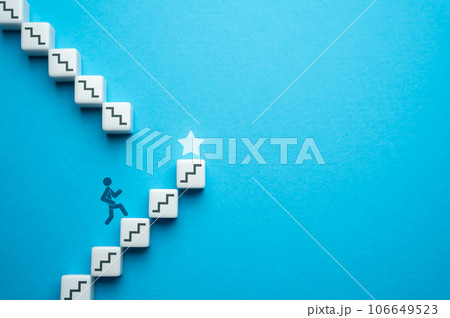 Achieve recognition and grow to the next stage. Run up to the goal. Climbs career ladder of success. Going on a new level. Self improvement skills and abilities. Life goals. Professional growth. 106649523