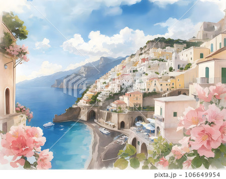 水彩画背景_世界旅行_イタリア_アマルフィ_01のイラスト素材