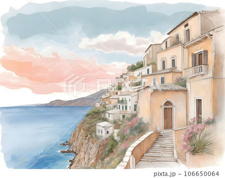 水彩画背景_世界旅行_イタリア_シチリア_03のイラスト素材