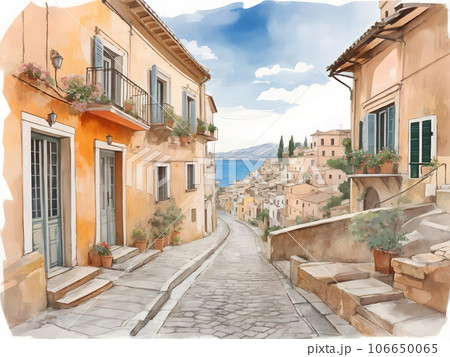 水彩画背景_世界旅行_イタリア_シチリア_04のイラスト素材