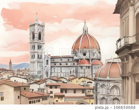 イタリアのフィレンツェの街並みの絵画 フィレンツェの絵画 イタリアの窓のアートプリント