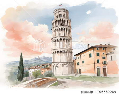 水彩画背景_世界旅行_イタリア_斜塔_01のイラスト素材 [106650089] - PIXTA