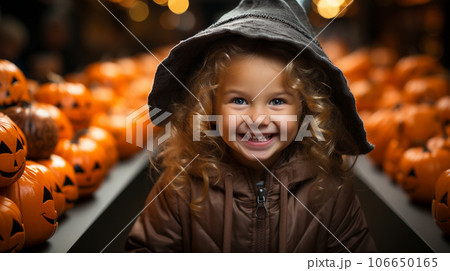 Cute little girl dressed up for Halloween next to rows of decorative pumpkins - generative AI. 106650165