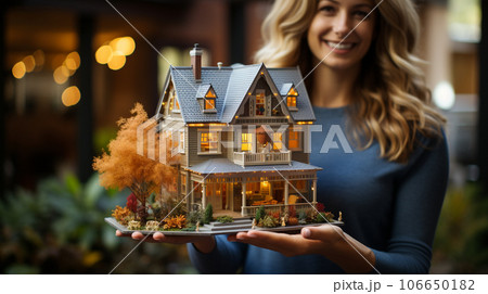 A female real estate agent holding a miniature house in front of her - generative AI. 106650182