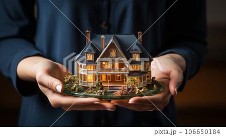 A female real estate agent holding a miniature house in front of her - generative AI. 106650184