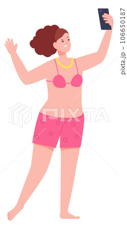 Woman making selfie on beach. Happy person in swimming suit 106650187
