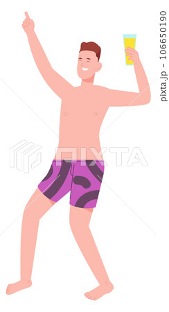Guy in swimming shorts drink lemonade. Summer party celebration 106650190