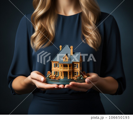 A female real estate agent holding a miniature house in front of her - generative AI. 106650193