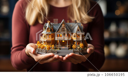 A female real estate agent holding a miniature house in front of her - generative AI. 106650195