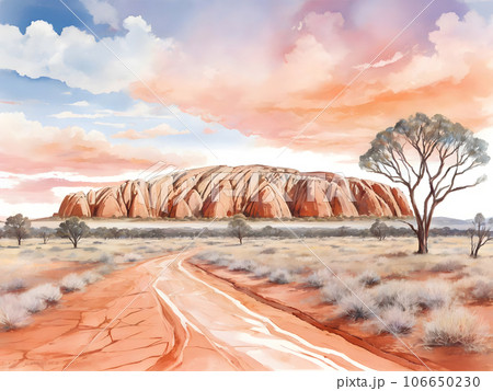 水彩画背景_世界旅行_オーストラリア_エアーズロック_01のイラスト素材