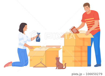 Man and woman packing things in cardboard boxes. Couple moving house 106650279