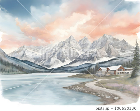 水彩画背景_世界旅行_カナダ_ロッキー山脈_01のイラスト素材