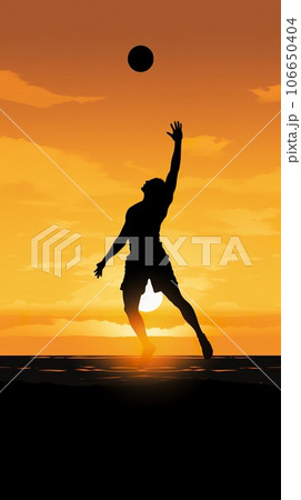 illustration of person play beach volleyball at sunset, man playing with ball at nature, generative AI 106650404