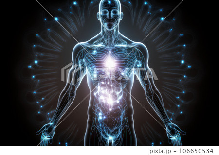 Light of astral space energy and power in athlete man, esoteric view 106650534