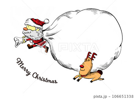 クリスマスポストカード（白）・大きなプレゼントの袋を背負ったサンタとトナカイの手書きイラスト 106651338