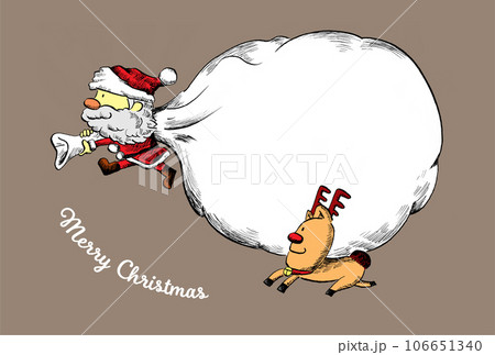 クリスマスポストカード（グレー）・大きなプレゼントの袋を背負ったサンタとトナカイの手書きイラスト 106651340
