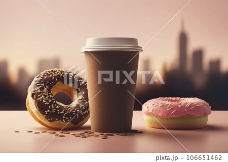 Coffee and donuts. Delicious breakfast, Americano and sweets.  106651462