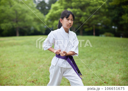 真夏の公園で空手を練習している小学生の女の子の様子 106651675