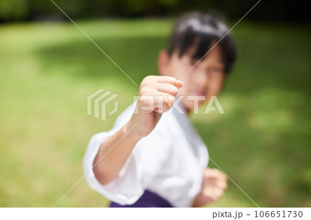 真夏の公園で空手を練習している小学生の女の子の様子 106651730