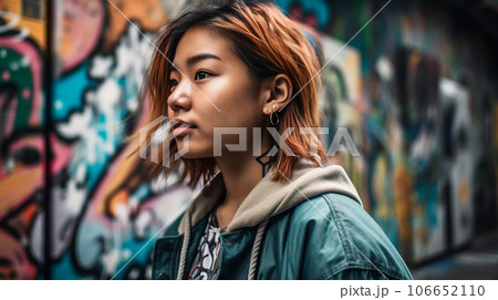 原宿・渋谷のグラフィティの前に立つストリート系の若者・サブカル・サブカルチャー 106652110