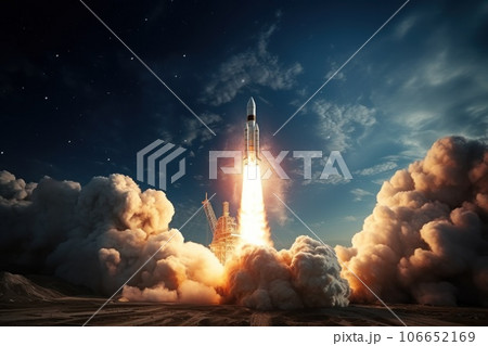 Launching rocket from the desert, rising into the cosmic sky, the Milky Way. Generative AI 106652169