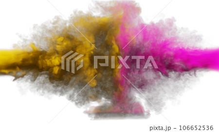 Puffs of orange and pink smoke collide against a white background. 3d illustration.  106652536