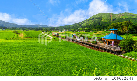 阿蘇の山並みを背景にサニー号トレインと南阿蘇水の生まれる里白水高原駅「南阿蘇鉄道　全線開通」 106652643
