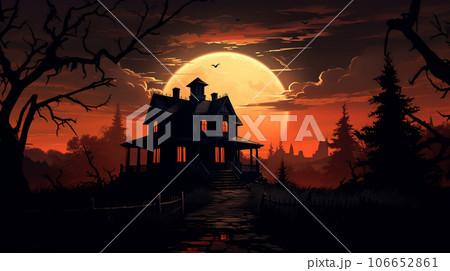 Eerie Haunted House Silhouette under the Moonlight Eerie Haunted House Silhouette under the Moonlight 106652861