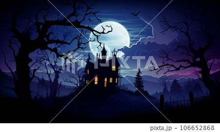 Eerie Haunted House Silhouette under the Moonlight 106652868