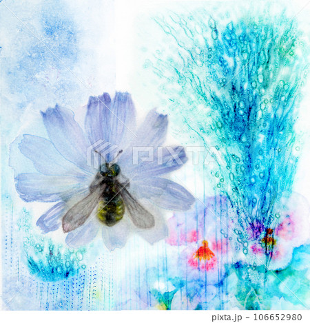カラフルで可愛い蜂と植物の水彩画手書 …