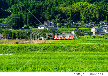 阿蘇の山並みを背景に駅舎周辺田園風景とサニー号【阿蘇下田城ふれあい温泉駅】　「南阿蘇鉄道　全線開通」 106654410