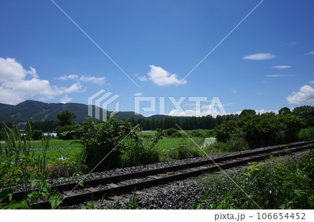 小海線の線路と畑が広がる野辺山高原の夏の風景 小海線の線路と畑が広がる野辺山高原の夏の風景 106654452