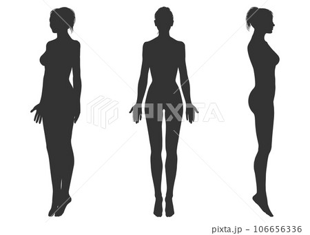 つま先立ちする女性の斜め前と正面と横向きの全身シルエットセット 106656336
