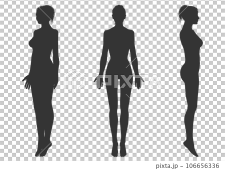つま先立ちする女性の斜め前と正面と横向きの全身シルエットセット 106656336