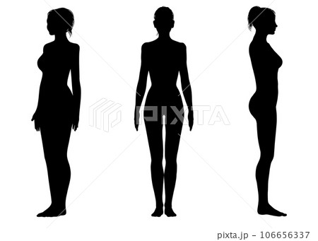 ポニーテールの女性の斜め前と正面と横向きの全身シルエットセット ポニーテールの女性の斜め前と正面と横向きの全身シルエットセット 106656337