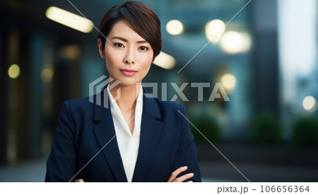 AI生成画像　オフィスの外で、スーツ姿で腕を組み微笑むショートカットの女性　バストショット 106656364