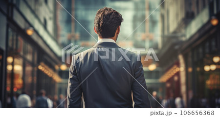 AI生成画像 スーツを着ている男性が、街を颯爽と歩いている後ろ姿 上半身が映っている AI生成画像 スーツを着ている男性が、街を颯爽と歩いている後ろ姿 上半身が映っている 106656368