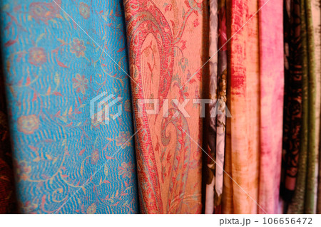 Traditional middle eastern shawls hanging at bazaar 106656472