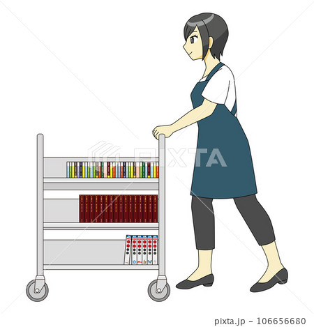 ブックトラックで本を運ぶ女性のイラスト ブックトラックで本を運ぶ女性のイラスト 106656680