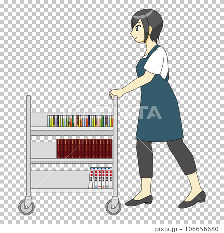 ブックトラックで本を運ぶ女性のイラスト ブックトラックで本を運ぶ女性のイラスト 106656680