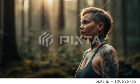 森でトレーニングする女性の格闘家 106656758
